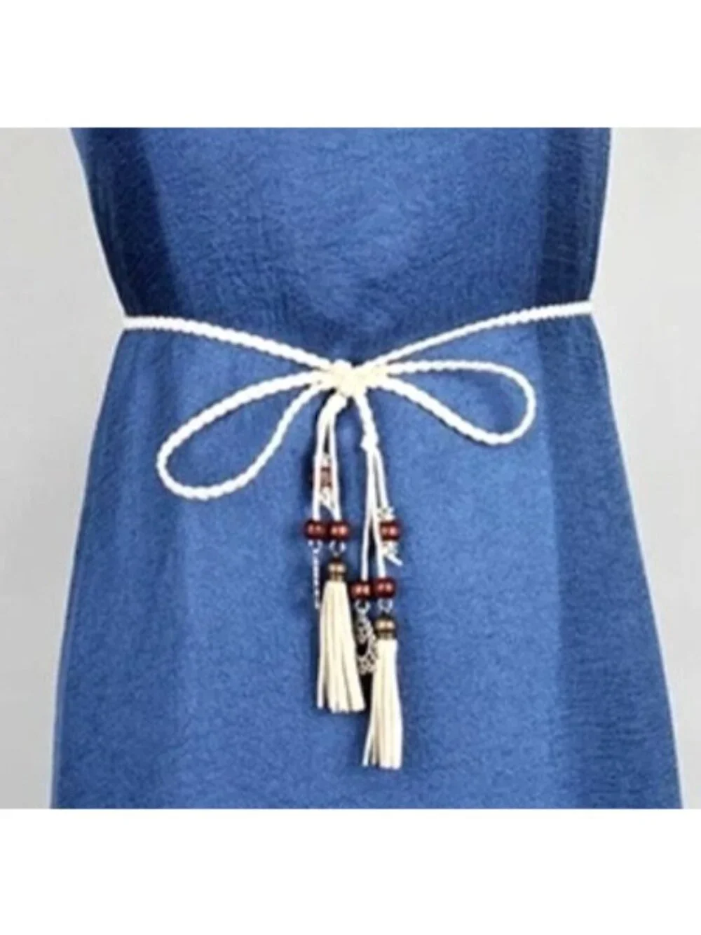 White/Beige Braided Wrap-Around Waist Belt With Tassels & Metal Charms